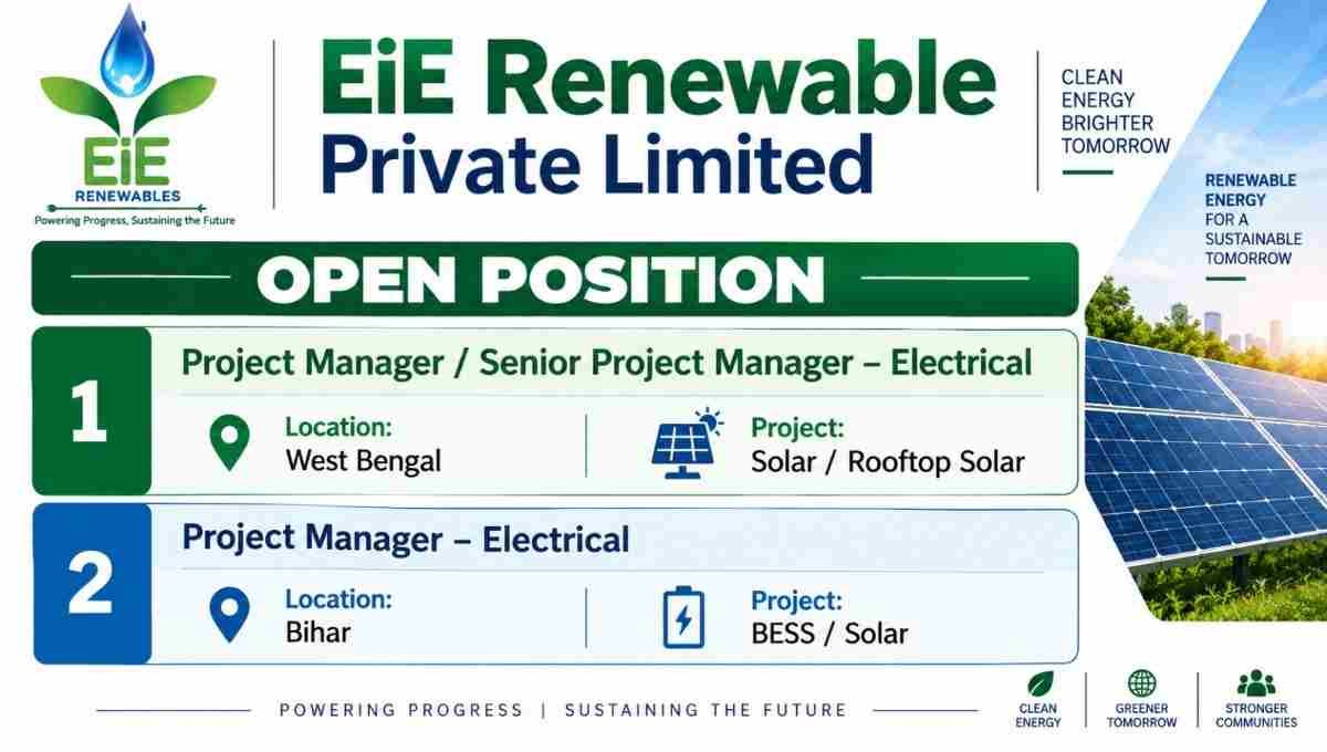 EiE Renewable Recruitment 2026 – Project Manager Electrical Jobs