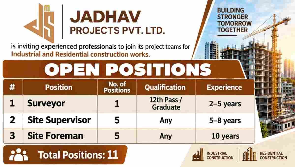 Jadhav Projects Walk-in Interview 2026 | Industrial and Residential construction Project