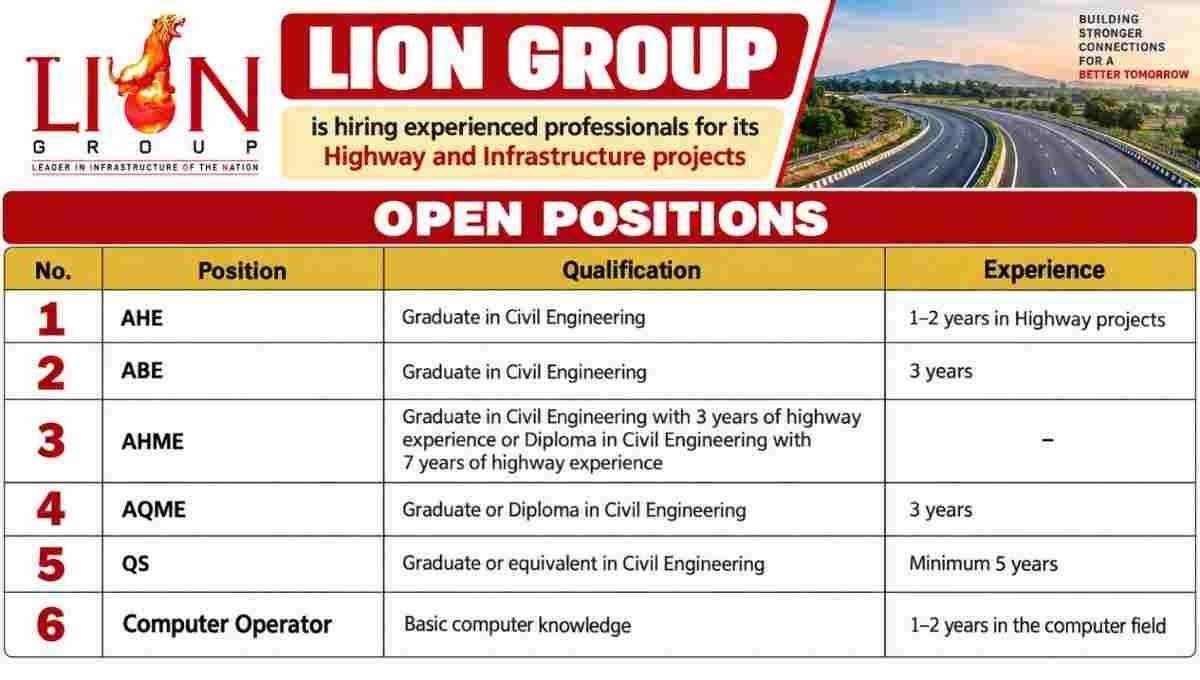 Lion Group Urgent Recruitment 2026 | Highway, Bridge and Infrastructure Projects