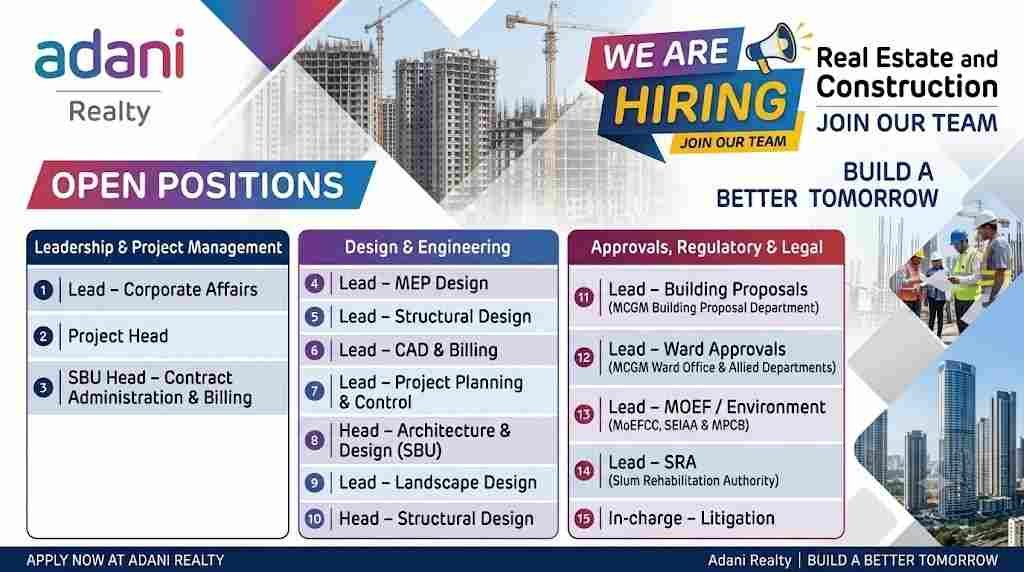 Adani Realty Recruitment 2026 | Hiring for Leadership, Design and Project Management Roles