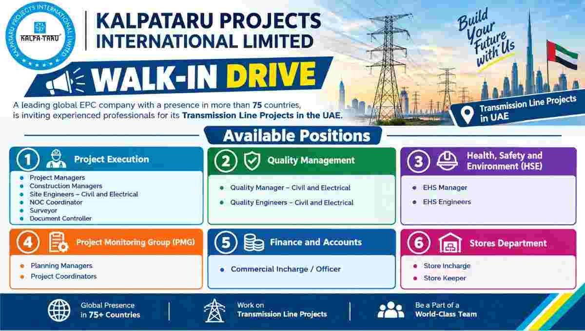 Kalpataru Projects Walk-In Drive 2026 – UAE Transmission Line Jobs | Urgent Hiring